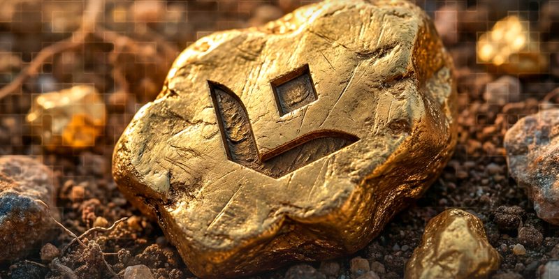 Pepita de oro con el isotipo de GAULT grabado, sobre el terreno del yacimiento